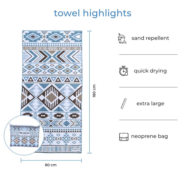 Full-size Nap and Sun Azure Tribe towel displayed with matching neoprene wetbag. Text overlay highlights features: sand repellent, quick drying, extra large, neoprene bag.