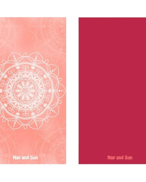 Nap and Sun Balance Towel with white mandala pattern on pink background, solid red color on the back, antibacterial and quick-dry design, compact and eco-friendly