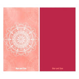 Nap and Sun gym Towel with white mandala pattern on pink background, solid red color on the back