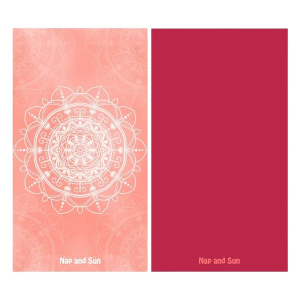 Nap and Sun gym Towel with white mandala pattern on pink background, solid red color on the back