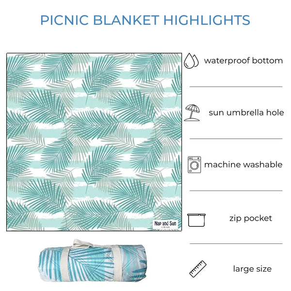 Light green palm leaves patterned picnic blanket displayed fully stretched out and rolled up. Text overlay highlights features: waterproof bottom, sun umbrella hole, machine washable, zip pocket, large size.
