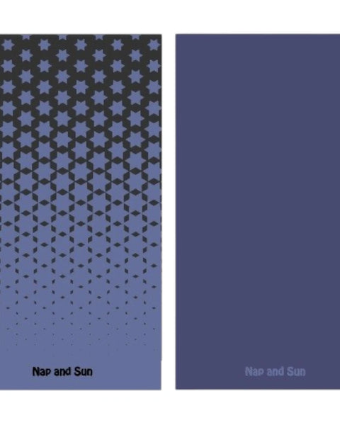 Nap and Sun Blue towel with a black star pattern on the front, solid blue /purple color on the back, eco-friendly, quick-dry, odourless and compact design.