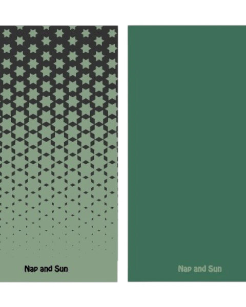 Nap and Sun Green towel featuring a black star pattern on the front, solid green color on the back, eco-friendly, quick-dry, antibacterial and compact design.