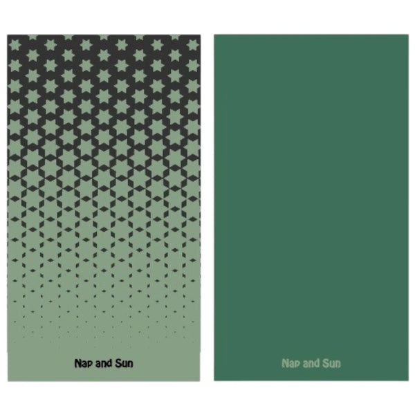 Nap and Sun Green towel featuring a black star pattern on the front, solid green color on the back, eco-friendly, quick-dry, antibacterial and compact design.