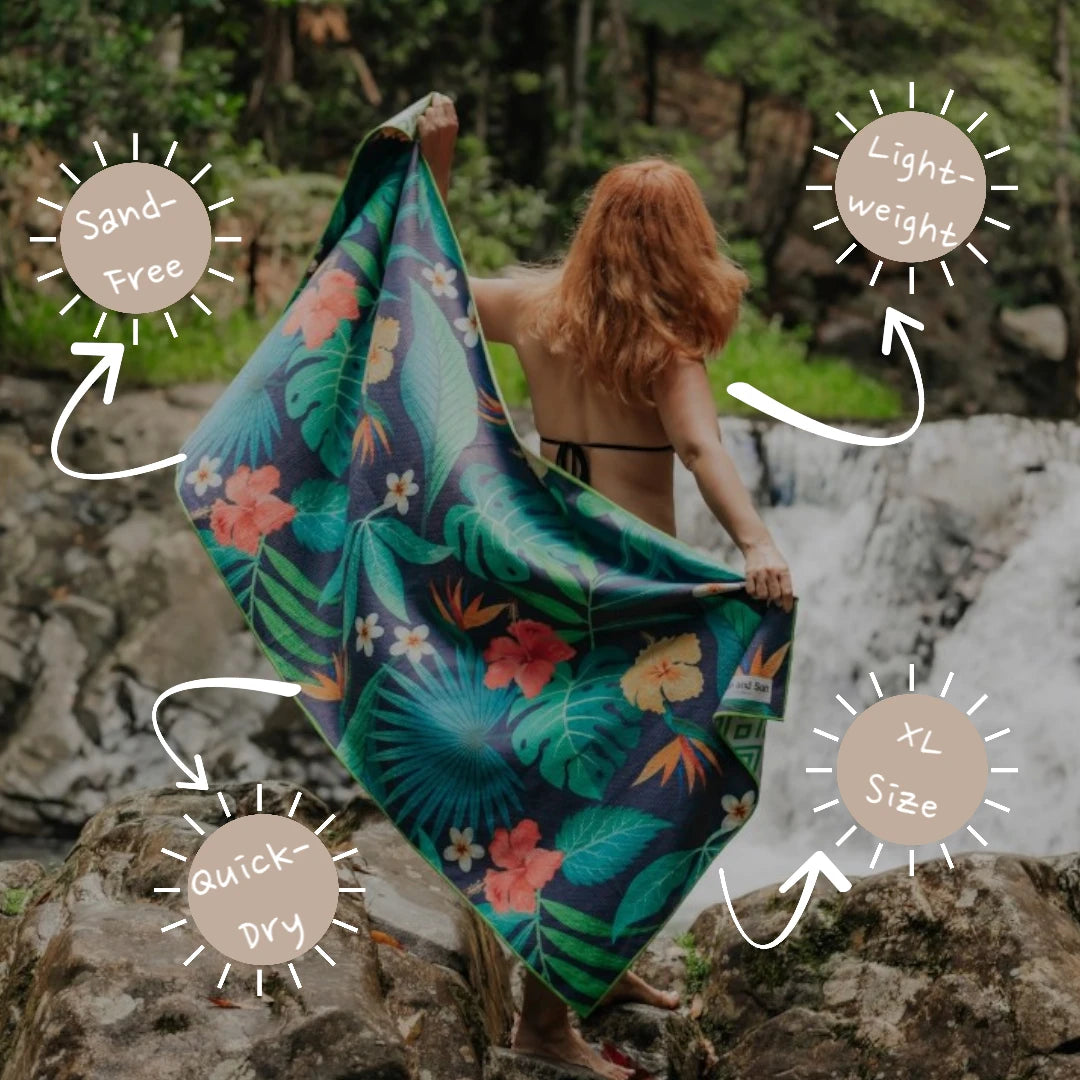 Woman in bikini seen from behind, holding Nap and Sun Tropical Bliss towel stretched behind her back while standing in front of a waterfall in a forest. Texts on image: Sand-Free, Lightweight, Quick-Dry and XL size.