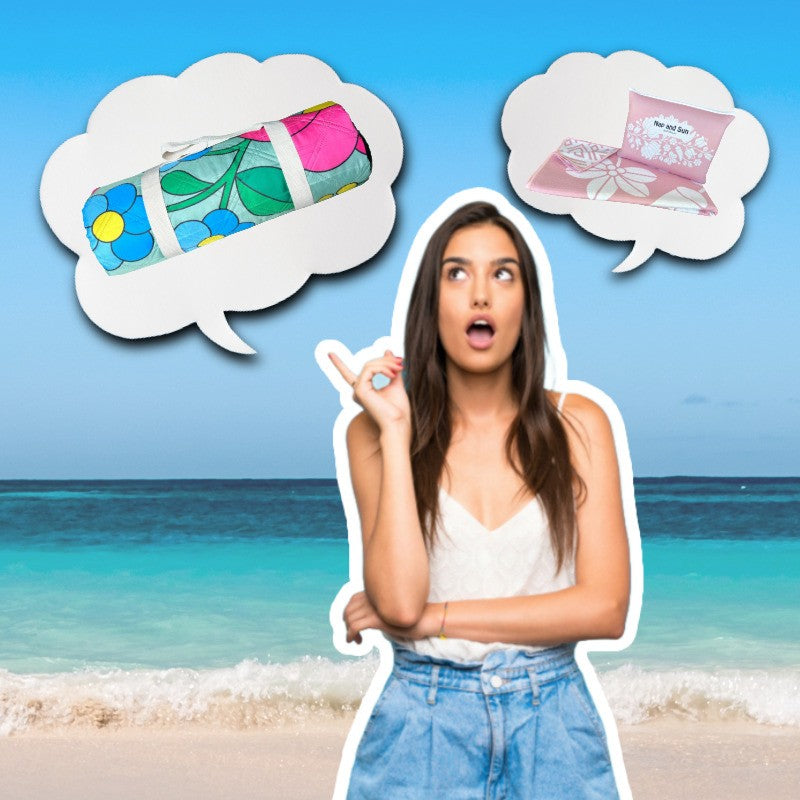Illustration of a woman with thought bubbles considering gift or product options from Nap and Sun beach towel and picnic blanket collection.