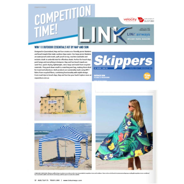 Magazine cover with Nap and Sun brand outdoor essentials kit, beach blankets, and person wearing a floral beach towel.