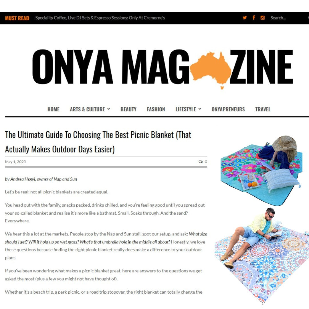 Screenshot of Nap and Sun feature article in Onya Magazine highlighting eco-friendly picnic blankets