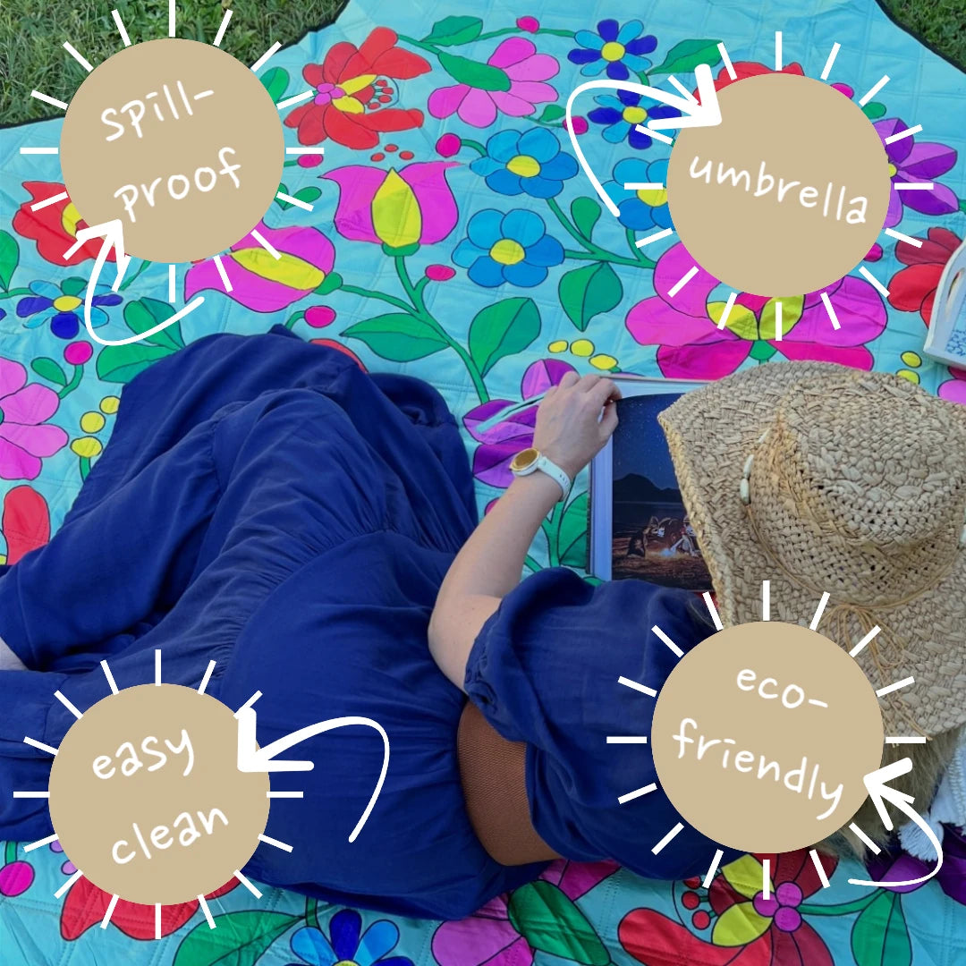 Woman in blue dress lying on Nap and Sun Vivid Meadow picnic blanket reading a book, viewed from above. Text on image highlights features: spill-proof, umbrella-ready, easy clean, eco-friendly.