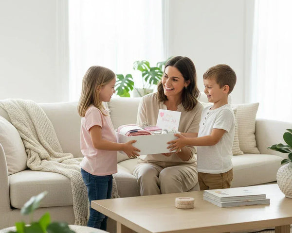 woman gets a gift box from two kids in a living room