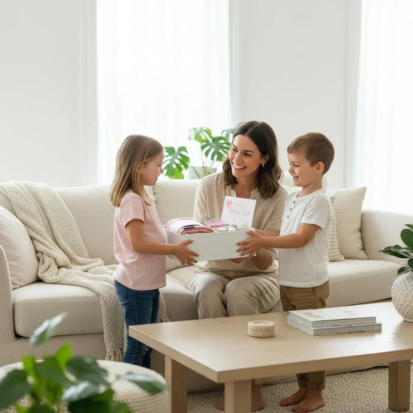 woman gets a gift box from two kids in a living room