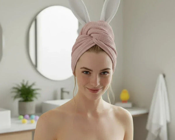 Woman with pink hair wrap and bunny ears in a bathroom