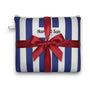 blue white striped beach pouch wrapped in a red ribbon