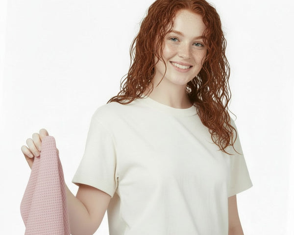 woman with wet hair holding a pink hair towel in her hand