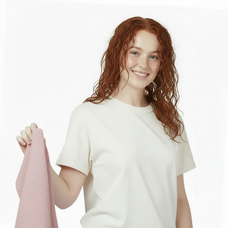 woman with wet hair holding a pink hair towel in her hand