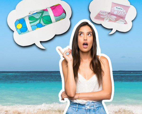 woman with two thinking bubble picnic blanekt and towel in it