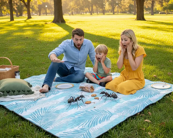 FAmily of three sitting on a picnic rug in park, ants stealing their food.