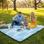 FAmily of three sitting on a picnic rug in park, ants stealing their food.