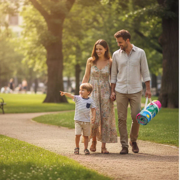 family with kid is walking in a park carrying a picnic blanket.