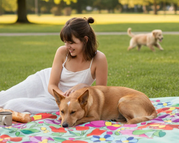 woman with a red kelpie is lying on a picnic blanket in a park