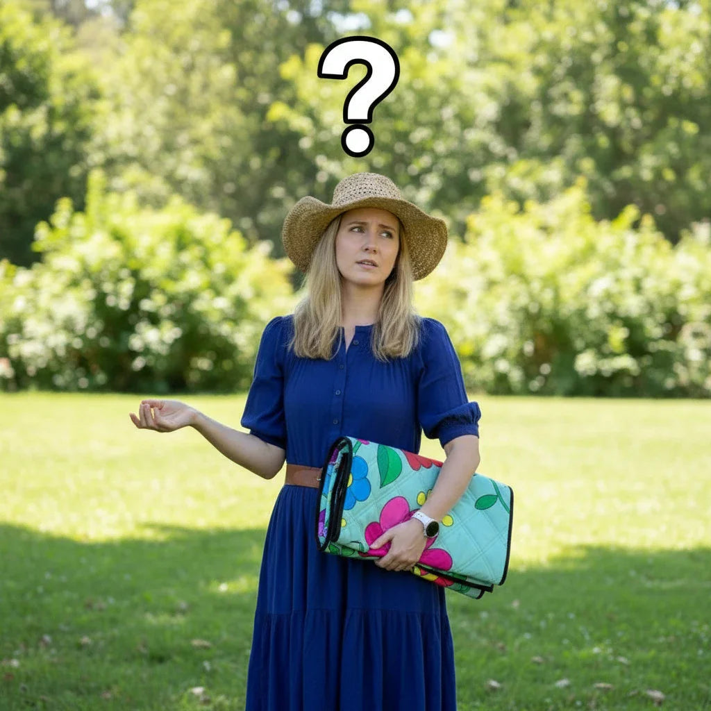 woman in a park with a colorful picnic blanket in her hand