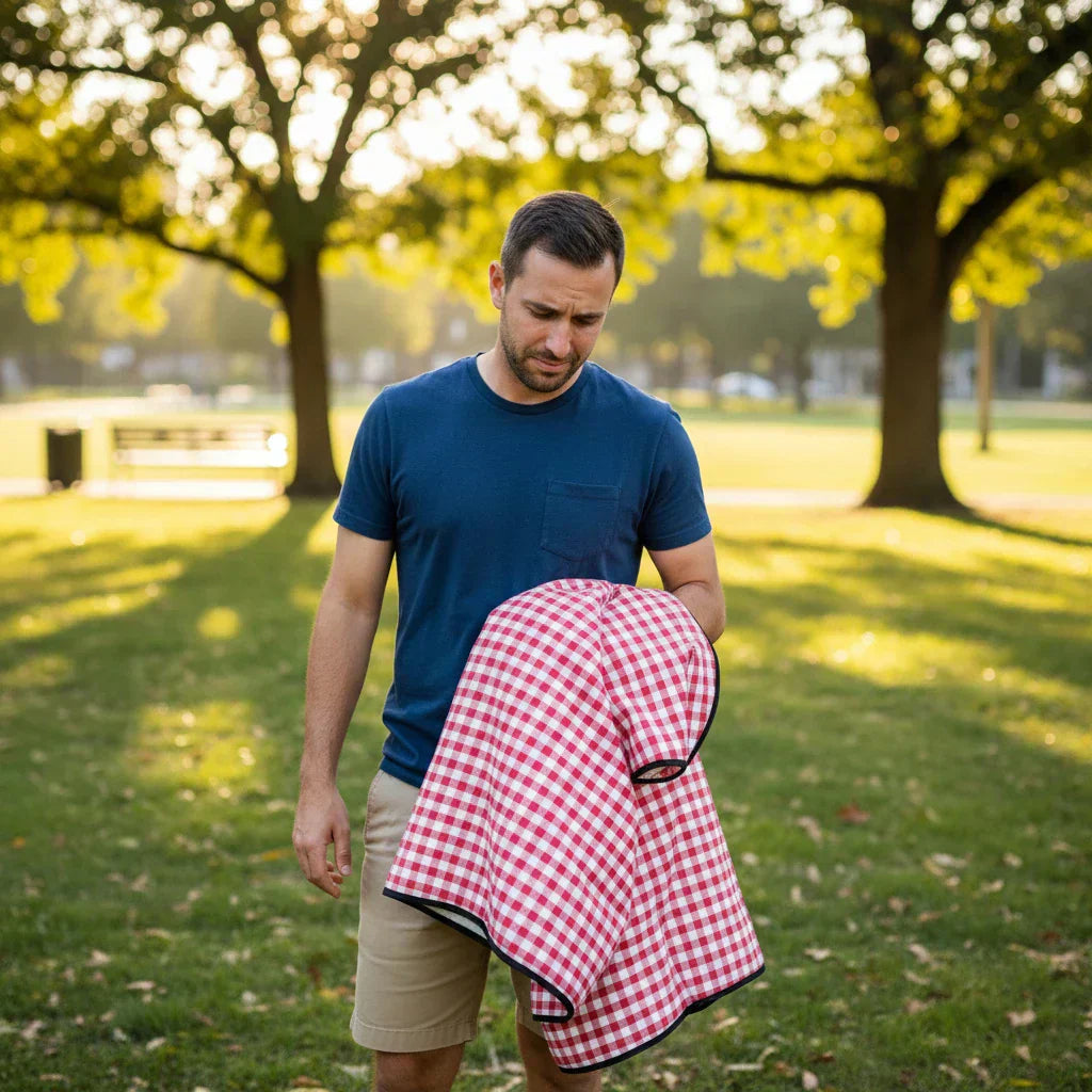 man holding a checkered picnic rug in a park, looks confused