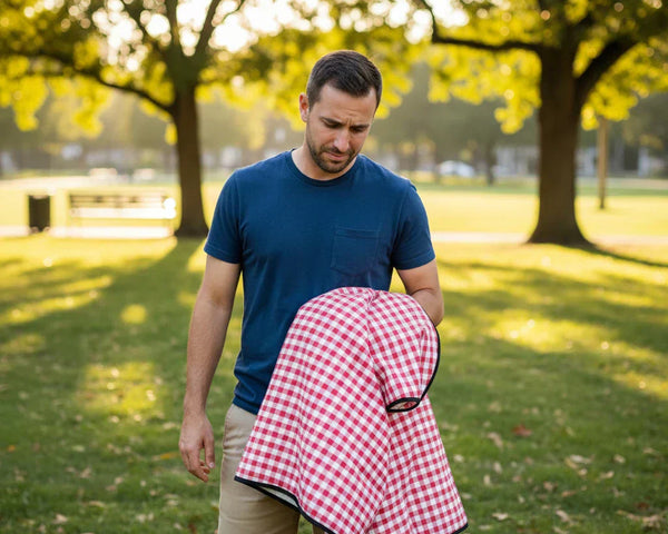 man holding a checkered picnic rug in a park, looks confused