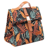 Tropical leaf patterned bag with brown accents on a white background