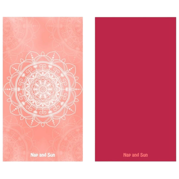 Nap and Sun Balance Towel with white mandala pattern on pink background, solid red color on the back, antibacterial and quick-dry design, compact and eco-friendly