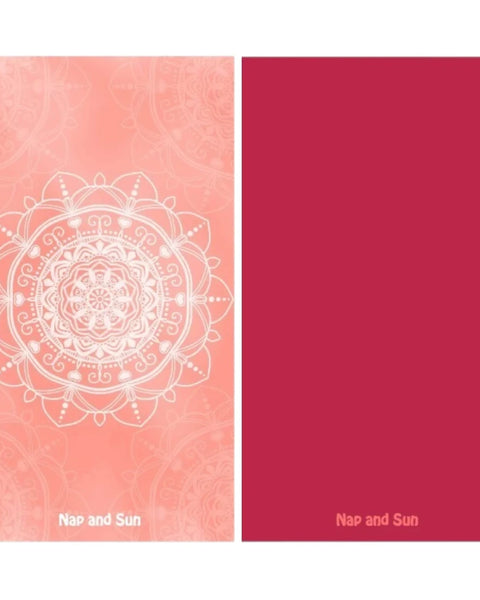 Nap and Sun gym Towel with white mandala pattern on pink background, solid red color on the back