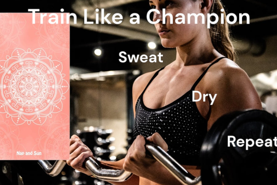 Close-up of a woman holding a long weight, with our pink-colored Balance gym towel displayed. Text on the image: 'Train like a champion, sweat, dry, repeat.