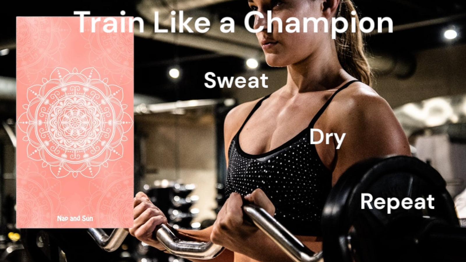 Close-up of a woman holding a long weight, with our pink-colored Balance gym towel displayed. Text on the image: 'Train like a champion, sweat, dry, repeat.