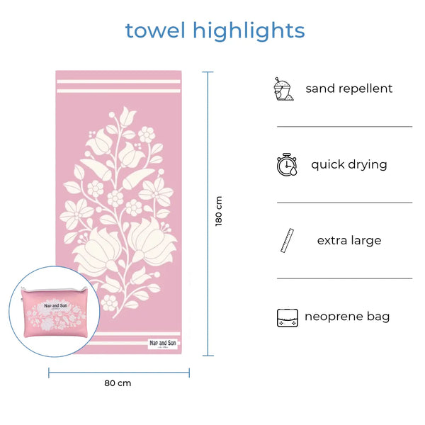 Full-size Nap and Sun Pink Bloom towel displayed with matching neoprene wetbag. Text overlay highlights features: sand repellent, quick drying, extra large, neoprene bag.