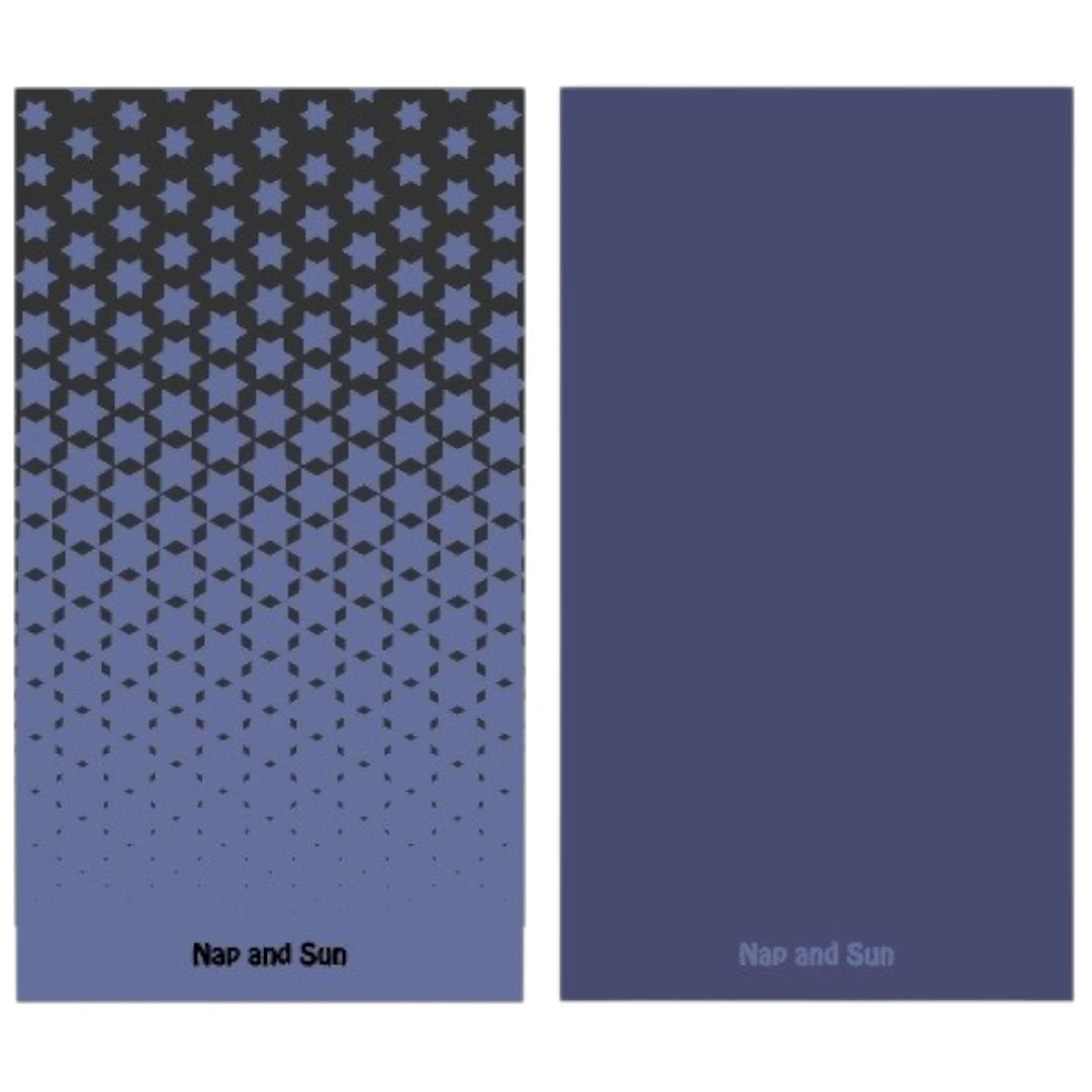 Nap and Sun Blue towel with a black star pattern on the front, solid blue /purple color on the back, eco-friendly, quick-dry, odourless and compact design.