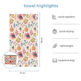 Kids-size Rainbow coral fish towel displayed with matching neoprene wetbag. Text overlay highlights features: sand repellent, quick drying, lightweight, neoprene bag.
