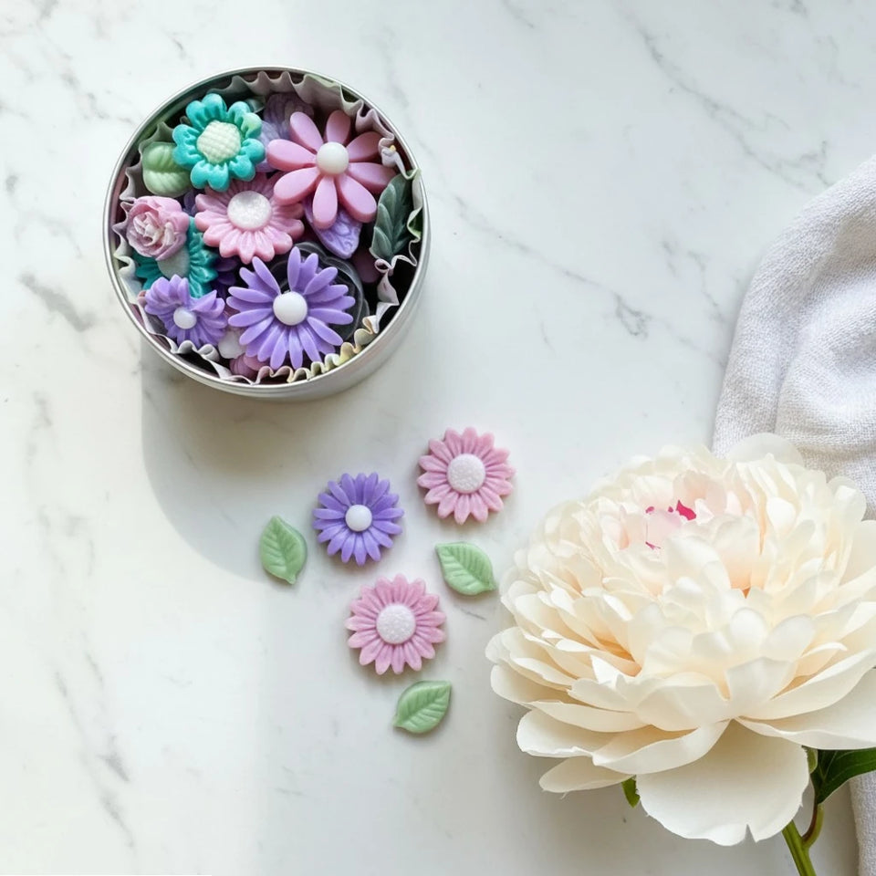  A round metal tin filled with colorful flower-shaped soaps, with several loose purple, pink, and green flower pieces scattered on a white marble surface beside a large cream peony and a folded white towel.