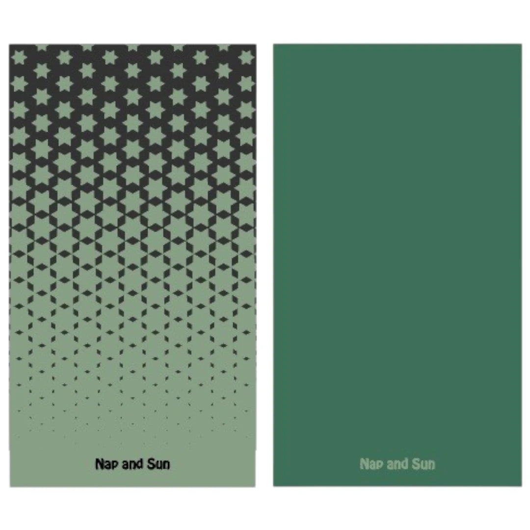 Nap and Sun Green towel featuring a black star pattern on the front, solid green color on the back, eco-friendly, quick-dry, antibacterial and compact design.