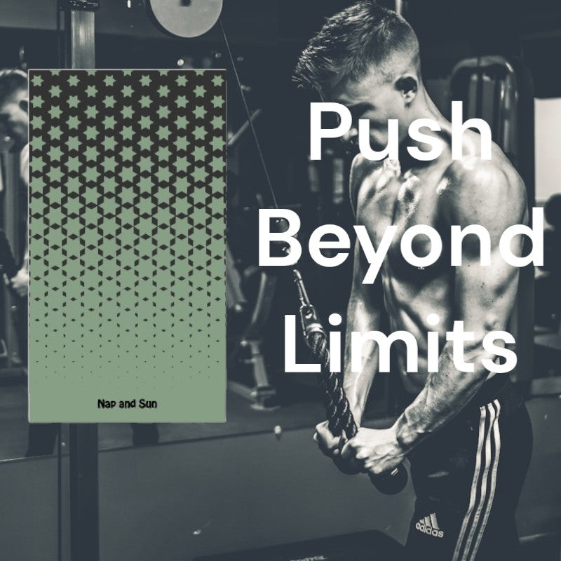 Man in a gym pulling a weight cable, with a green towel featuring a black star pattern superimposed on the image. Text overlay: 'Push Beyond Limits.