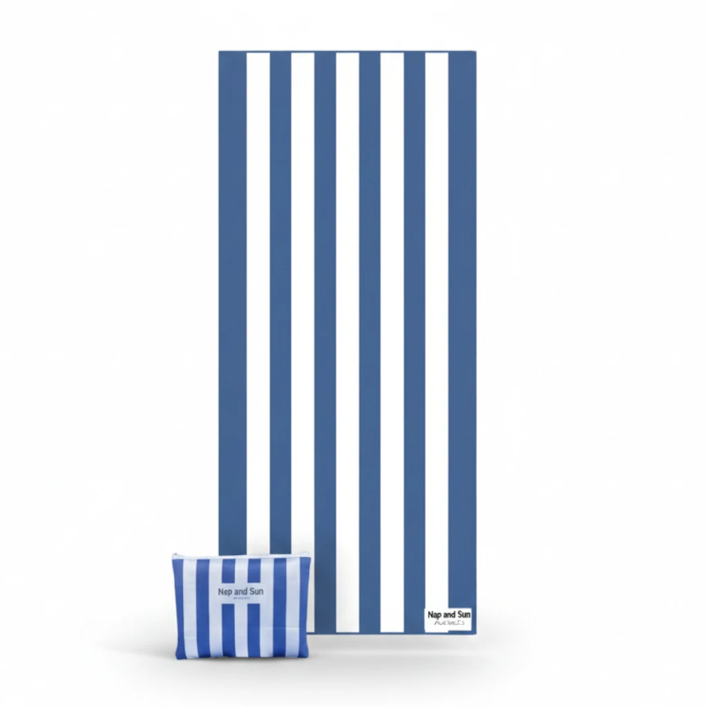 Blue and white striped towel with a striped pouch on a white background