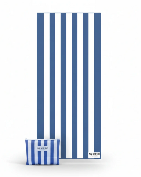 Blue and white striped towel with a striped pouch on a white background