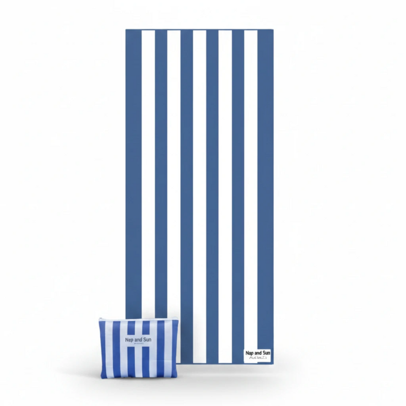 Blue and white striped towel with a striped pouch on a white background