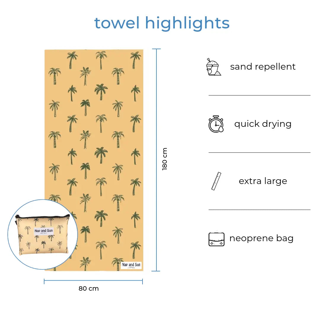 Full-size Nap and Sun Sunset Palms yellow towel with palm tree patterns displayed with matching neoprene wetbag. Text overlay highlights features: sand repellent, quick drying, extra large, neoprene bag.