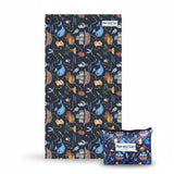 Pirate themed beach towel for kids with pouch on a white background