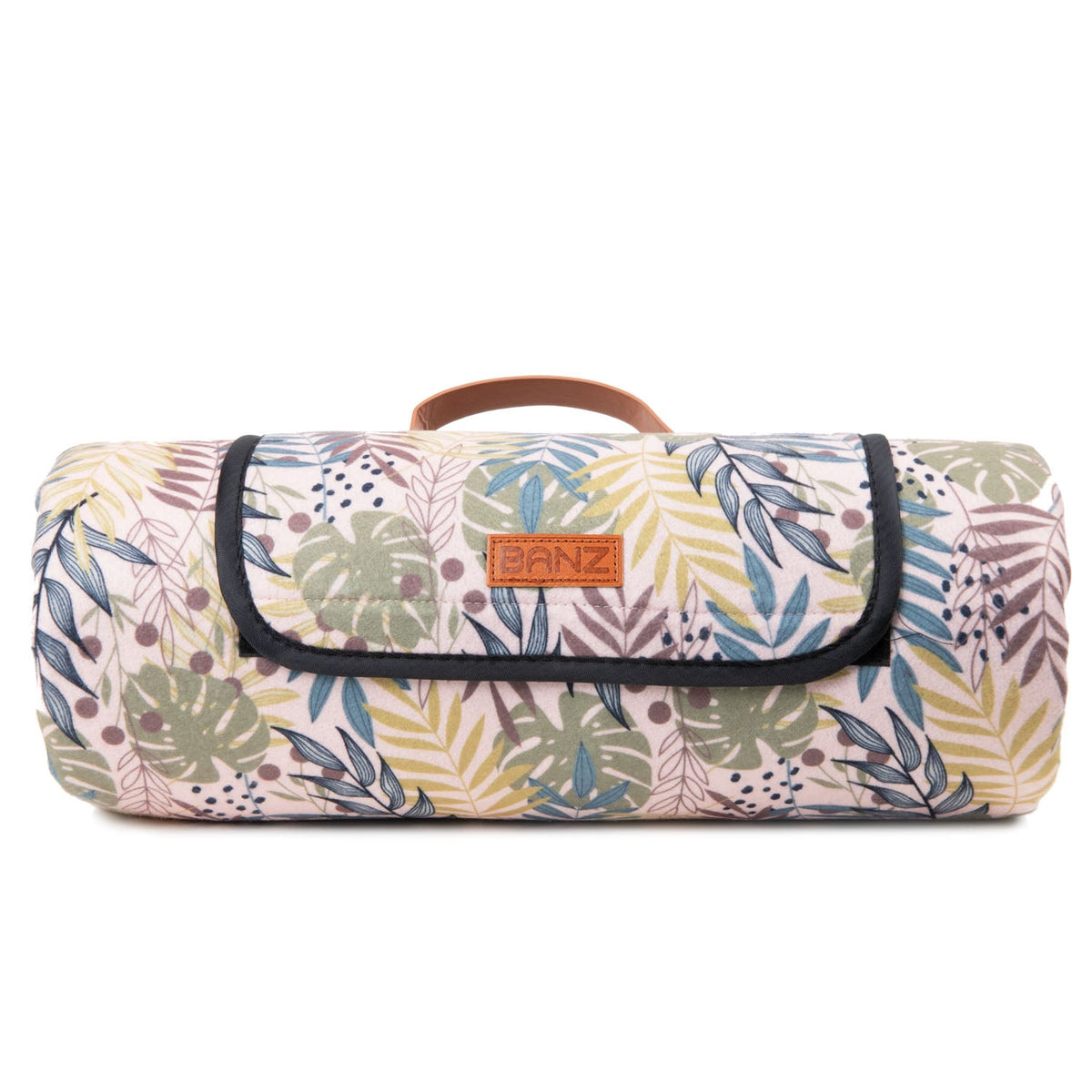 Floral-patterned picnic blanket with a brand label on a white background