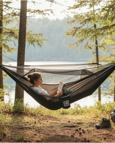 Person reading a book in a hammock by a lake surrounded by trees