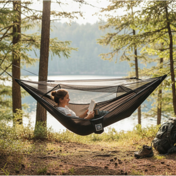 Person reading a book in a hammock by a lake surrounded by trees