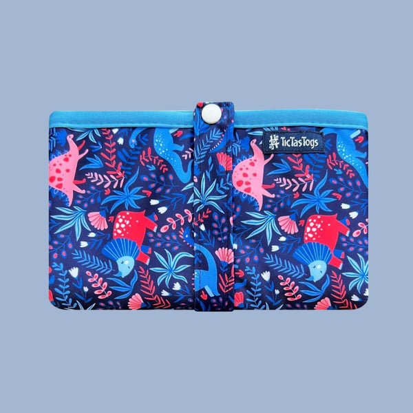 Colorful pouch with dinosaur pattern on a light blue background