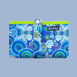 Two blue and green patterned bags with a visible brand logo on a light gray background