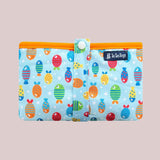 Colorful fish-patterned pouch with orange top and visible Tucalogs logo on a beige background
