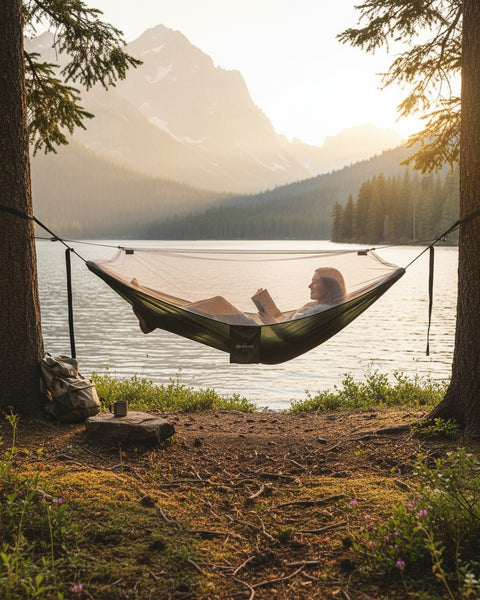 Person reading a book in a hammock by a lake with mountains in the background